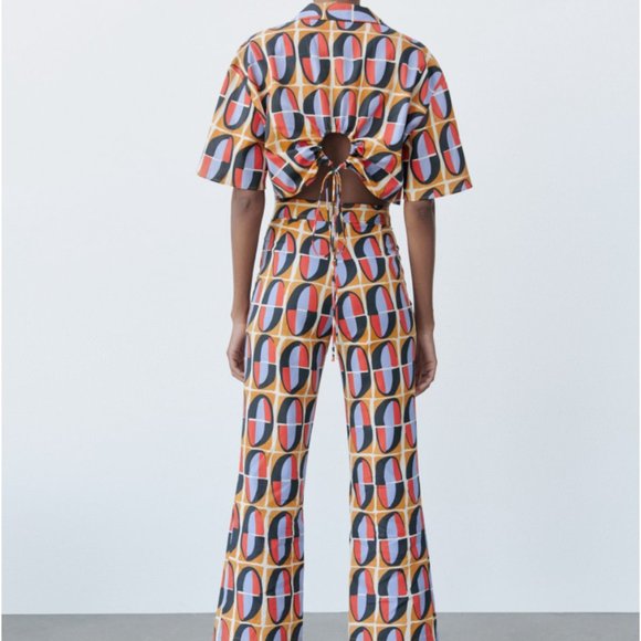 Zara Straight Cut Printed Pants Ocher S - Picture 7 of 8